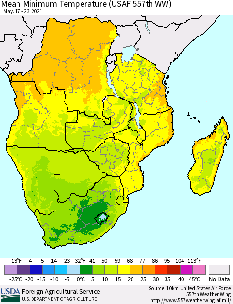 Southern Africa Mean Minimum Temperature (USAF 557th WW) Thematic Map For 5/17/2021 - 5/23/2021