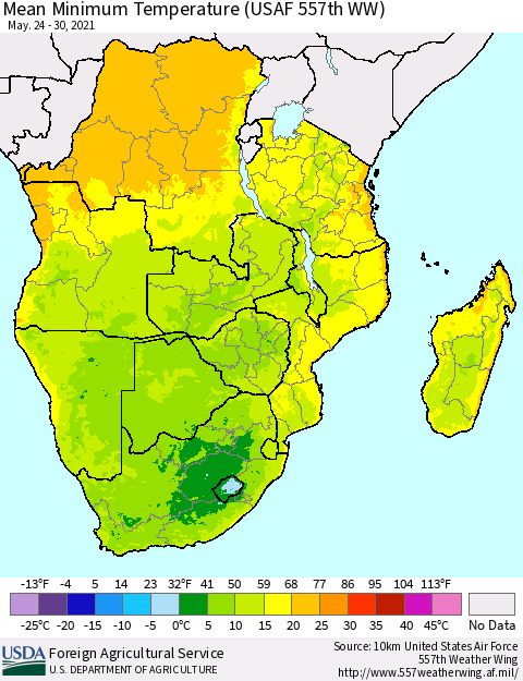 Southern Africa Mean Minimum Temperature (USAF 557th WW) Thematic Map For 5/24/2021 - 5/30/2021