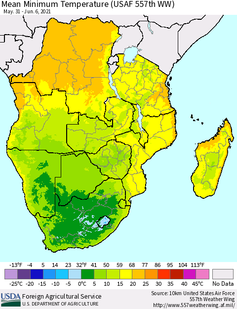 Southern Africa Mean Minimum Temperature (USAF 557th WW) Thematic Map For 5/31/2021 - 6/6/2021