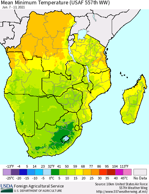 Southern Africa Mean Minimum Temperature (USAF 557th WW) Thematic Map For 6/7/2021 - 6/13/2021