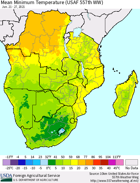 Southern Africa Mean Minimum Temperature (USAF 557th WW) Thematic Map For 6/21/2021 - 6/27/2021