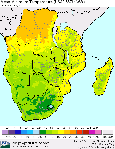 Southern Africa Mean Minimum Temperature (USAF 557th WW) Thematic Map For 6/28/2021 - 7/4/2021