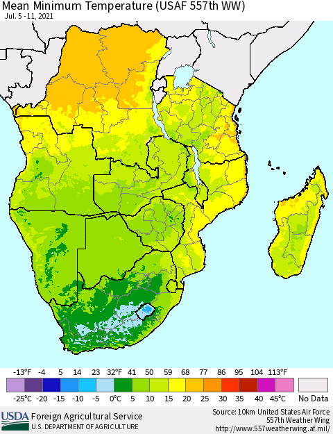 Southern Africa Mean Minimum Temperature (USAF 557th WW) Thematic Map For 7/5/2021 - 7/11/2021