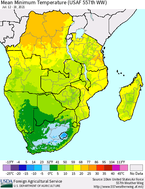 Southern Africa Mean Minimum Temperature (USAF 557th WW) Thematic Map For 7/12/2021 - 7/18/2021