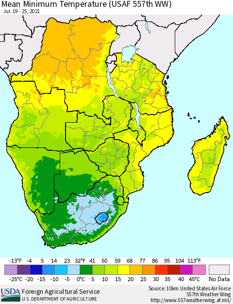 Southern Africa Mean Minimum Temperature (USAF 557th WW) Thematic Map For 7/19/2021 - 7/25/2021