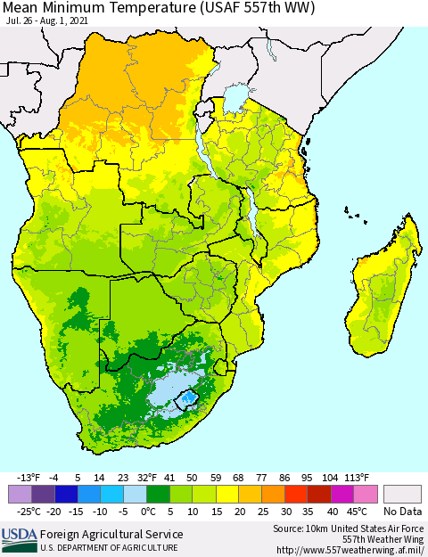 Southern Africa Mean Minimum Temperature (USAF 557th WW) Thematic Map For 7/26/2021 - 8/1/2021