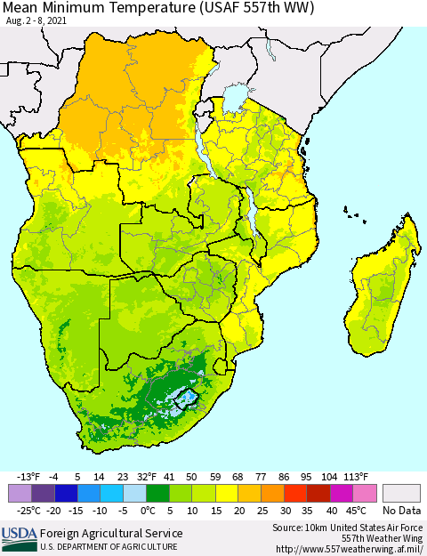 Southern Africa Mean Minimum Temperature (USAF 557th WW) Thematic Map For 8/2/2021 - 8/8/2021