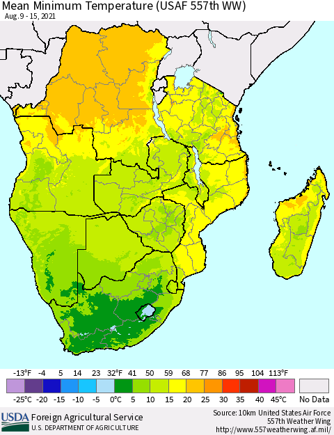 Southern Africa Mean Minimum Temperature (USAF 557th WW) Thematic Map For 8/9/2021 - 8/15/2021