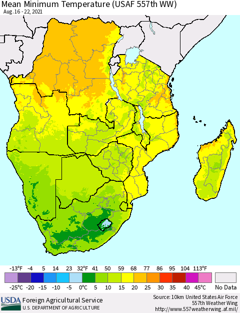 Southern Africa Mean Minimum Temperature (USAF 557th WW) Thematic Map For 8/16/2021 - 8/22/2021