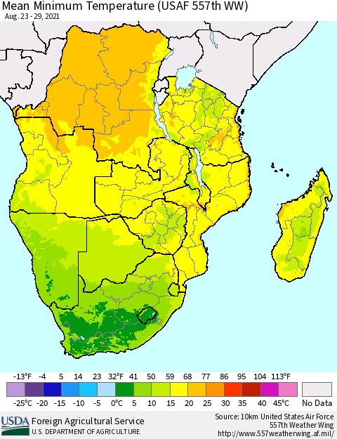 Southern Africa Mean Minimum Temperature (USAF 557th WW) Thematic Map For 8/23/2021 - 8/29/2021