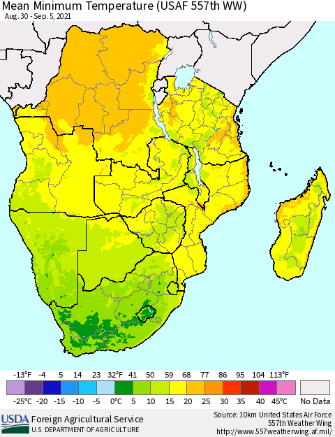 Southern Africa Mean Minimum Temperature (USAF 557th WW) Thematic Map For 8/30/2021 - 9/5/2021