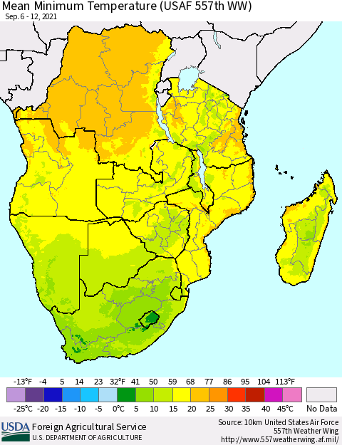 Southern Africa Mean Minimum Temperature (USAF 557th WW) Thematic Map For 9/6/2021 - 9/12/2021