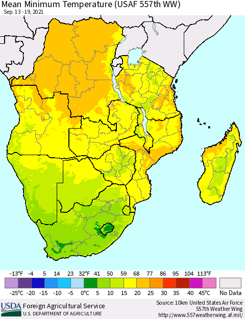 Southern Africa Mean Minimum Temperature (USAF 557th WW) Thematic Map For 9/13/2021 - 9/19/2021