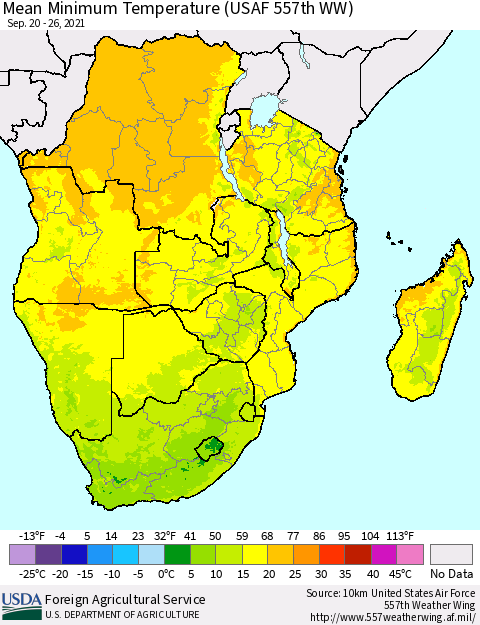 Southern Africa Mean Minimum Temperature (USAF 557th WW) Thematic Map For 9/20/2021 - 9/26/2021