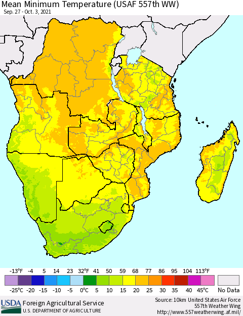 Southern Africa Mean Minimum Temperature (USAF 557th WW) Thematic Map For 9/27/2021 - 10/3/2021
