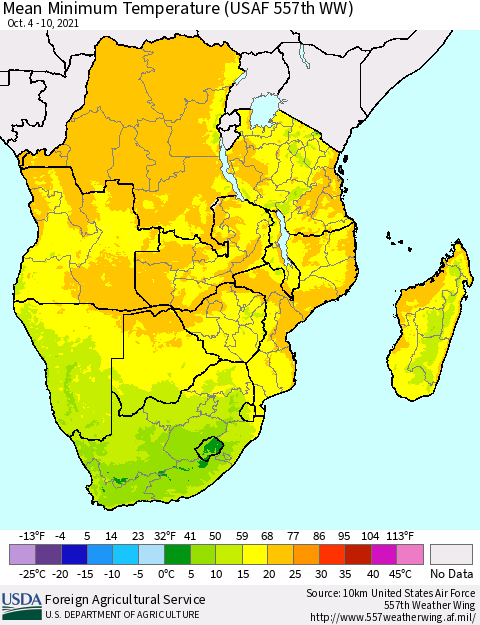 Southern Africa Mean Minimum Temperature (USAF 557th WW) Thematic Map For 10/4/2021 - 10/10/2021