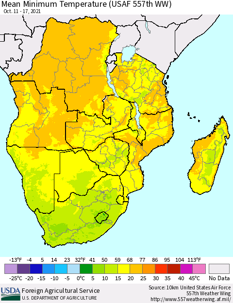 Southern Africa Mean Minimum Temperature (USAF 557th WW) Thematic Map For 10/11/2021 - 10/17/2021
