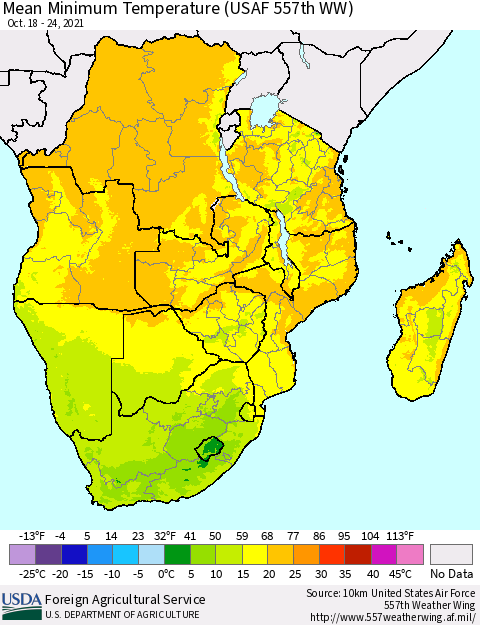 Southern Africa Mean Minimum Temperature (USAF 557th WW) Thematic Map For 10/18/2021 - 10/24/2021