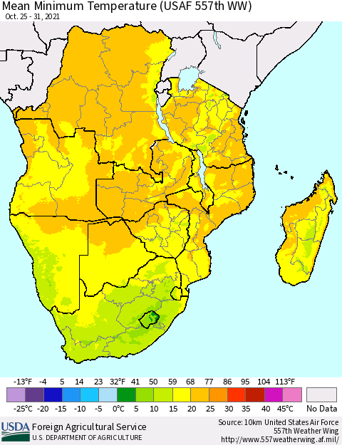 Southern Africa Mean Minimum Temperature (USAF 557th WW) Thematic Map For 10/25/2021 - 10/31/2021