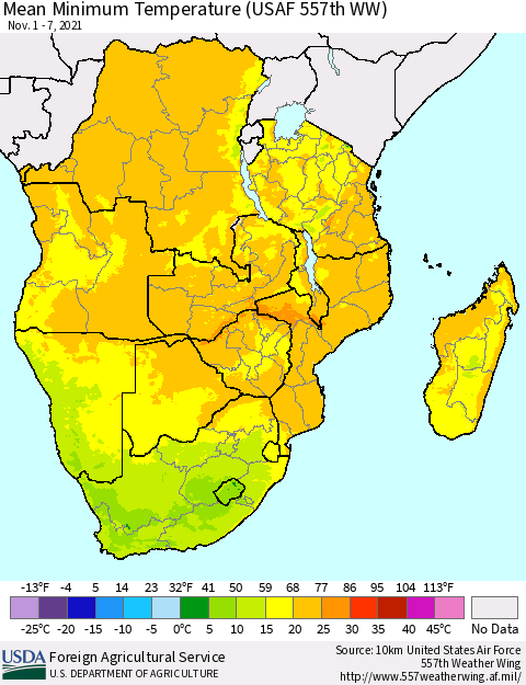Southern Africa Mean Minimum Temperature (USAF 557th WW) Thematic Map For 11/1/2021 - 11/7/2021
