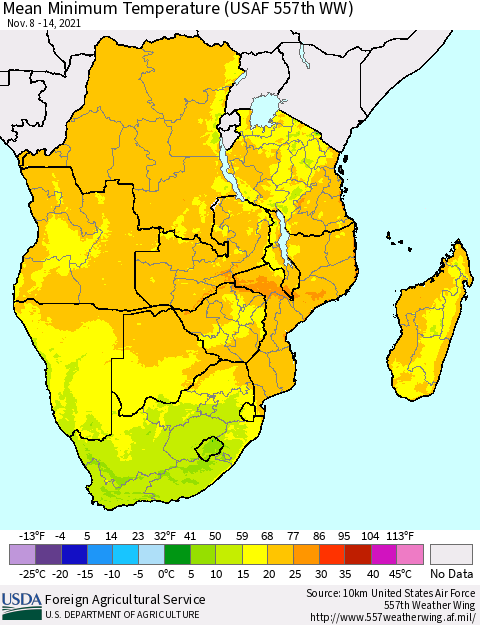 Southern Africa Mean Minimum Temperature (USAF 557th WW) Thematic Map For 11/8/2021 - 11/14/2021
