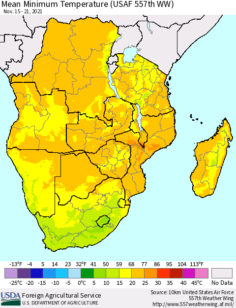 Southern Africa Mean Minimum Temperature (USAF 557th WW) Thematic Map For 11/15/2021 - 11/21/2021