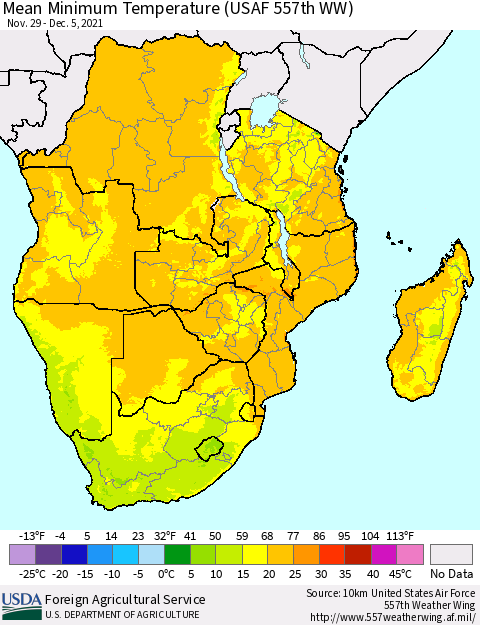 Southern Africa Mean Minimum Temperature (USAF 557th WW) Thematic Map For 11/29/2021 - 12/5/2021