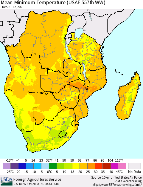 Southern Africa Mean Minimum Temperature (USAF 557th WW) Thematic Map For 12/6/2021 - 12/12/2021