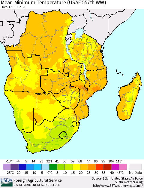 Southern Africa Mean Minimum Temperature (USAF 557th WW) Thematic Map For 12/13/2021 - 12/19/2021
