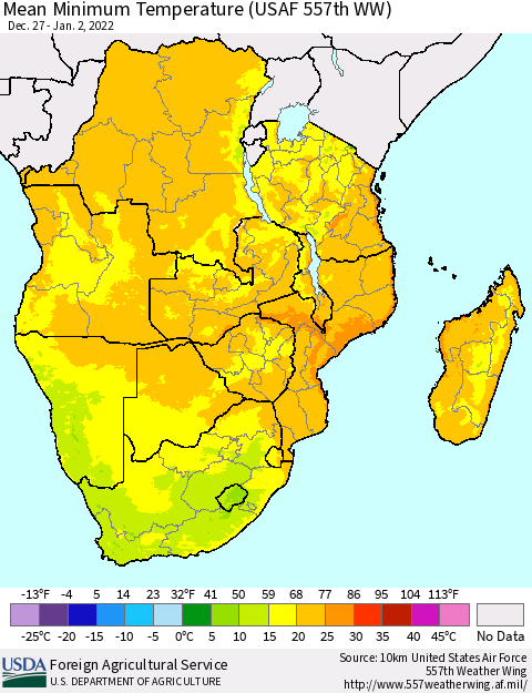 Southern Africa Mean Minimum Temperature (USAF 557th WW) Thematic Map For 12/27/2021 - 1/2/2022
