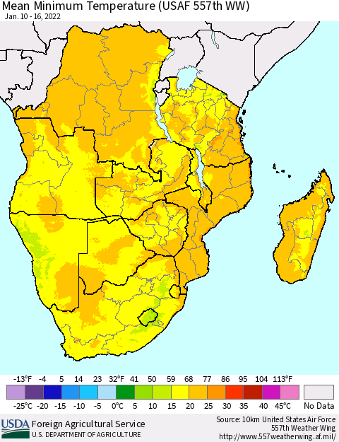 Southern Africa Mean Minimum Temperature (USAF 557th WW) Thematic Map For 1/10/2022 - 1/16/2022