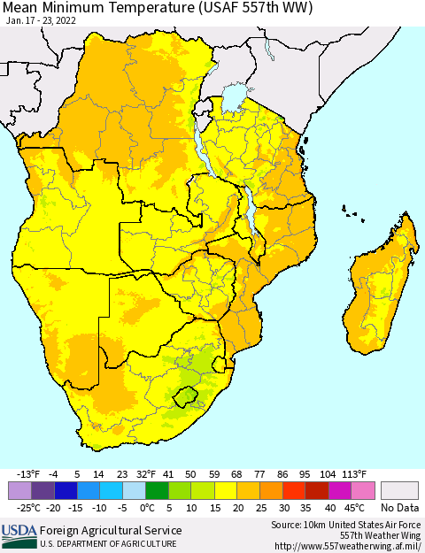 Southern Africa Mean Minimum Temperature (USAF 557th WW) Thematic Map For 1/17/2022 - 1/23/2022