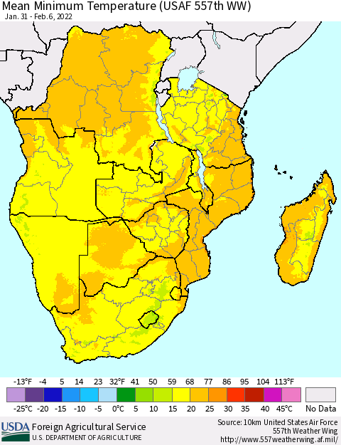 Southern Africa Mean Minimum Temperature (USAF 557th WW) Thematic Map For 1/31/2022 - 2/6/2022