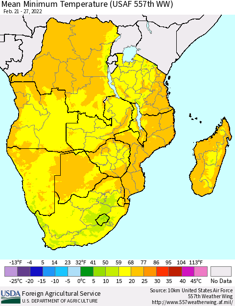 Southern Africa Mean Minimum Temperature (USAF 557th WW) Thematic Map For 2/21/2022 - 2/27/2022