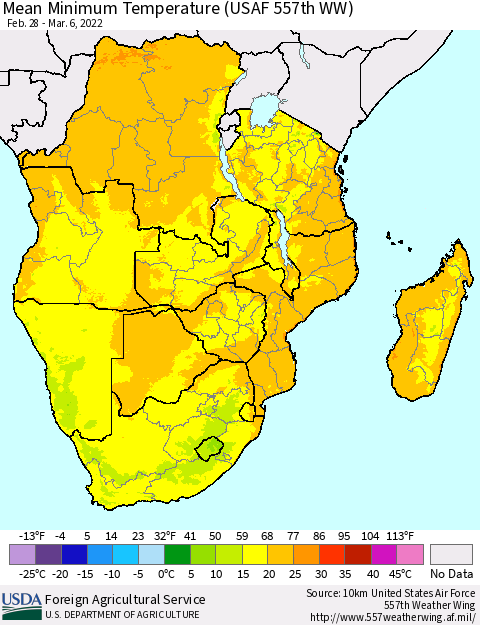 Southern Africa Mean Minimum Temperature (USAF 557th WW) Thematic Map For 2/28/2022 - 3/6/2022