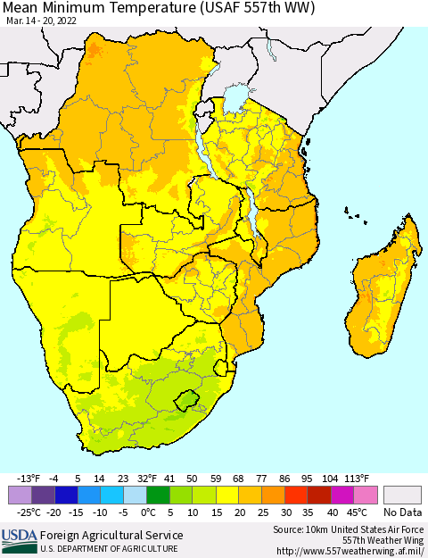 Southern Africa Mean Minimum Temperature (USAF 557th WW) Thematic Map For 3/14/2022 - 3/20/2022