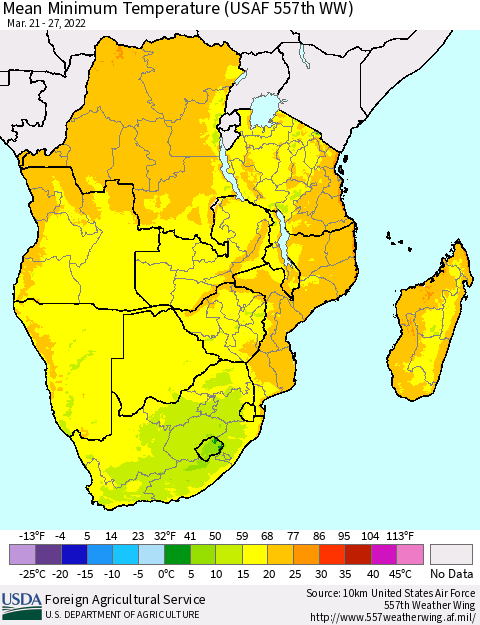 Southern Africa Mean Minimum Temperature (USAF 557th WW) Thematic Map For 3/21/2022 - 3/27/2022