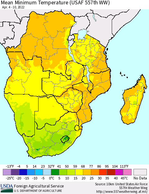 Southern Africa Mean Minimum Temperature (USAF 557th WW) Thematic Map For 4/4/2022 - 4/10/2022