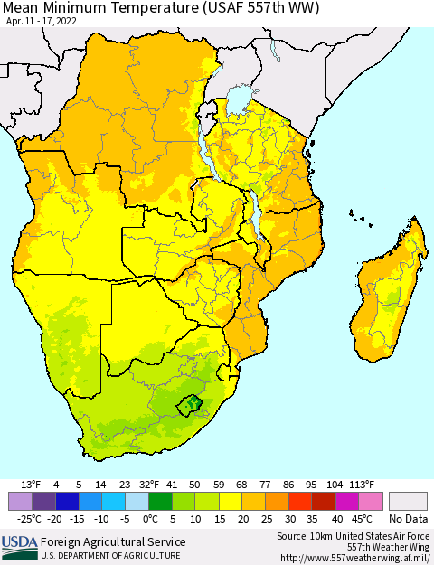 Southern Africa Mean Minimum Temperature (USAF 557th WW) Thematic Map For 4/11/2022 - 4/17/2022