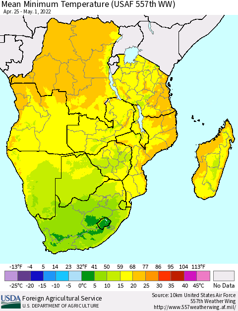 Southern Africa Mean Minimum Temperature (USAF 557th WW) Thematic Map For 4/25/2022 - 5/1/2022