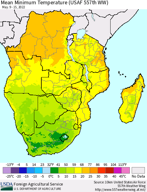 Southern Africa Mean Minimum Temperature (USAF 557th WW) Thematic Map For 5/9/2022 - 5/15/2022
