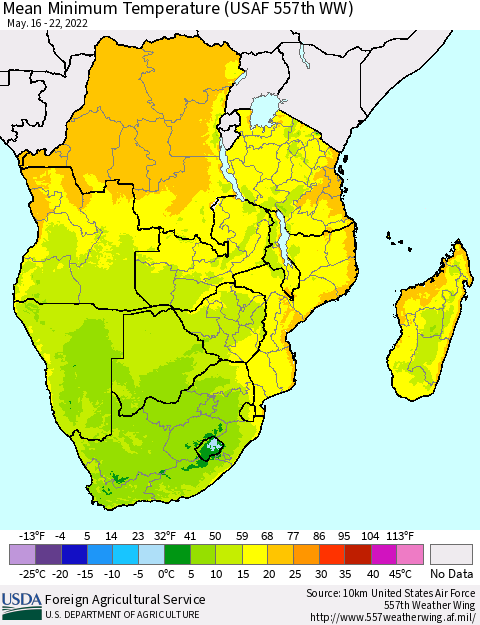 Southern Africa Mean Minimum Temperature (USAF 557th WW) Thematic Map For 5/16/2022 - 5/22/2022