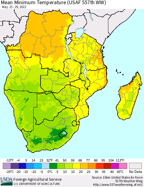 Southern Africa Mean Minimum Temperature (USAF 557th WW) Thematic Map For 5/23/2022 - 5/29/2022