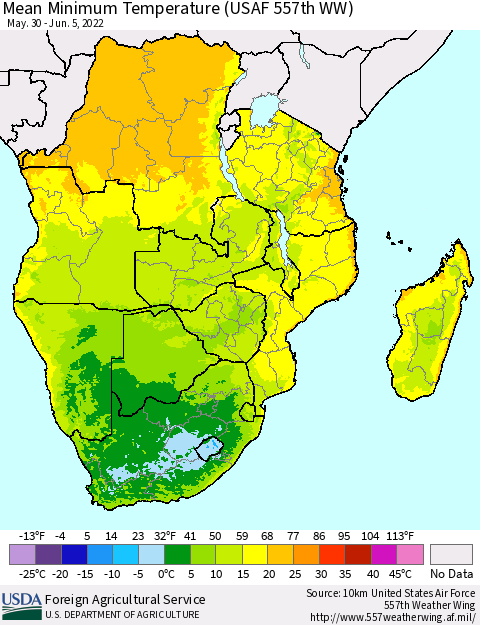 Southern Africa Mean Minimum Temperature (USAF 557th WW) Thematic Map For 5/30/2022 - 6/5/2022