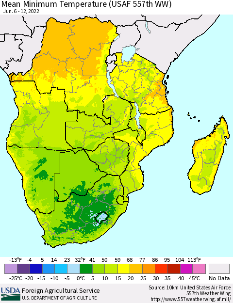 Southern Africa Mean Minimum Temperature (USAF 557th WW) Thematic Map For 6/6/2022 - 6/12/2022