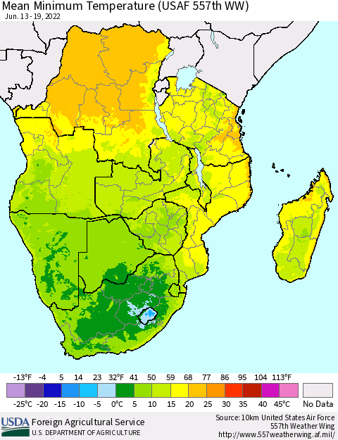 Southern Africa Mean Minimum Temperature (USAF 557th WW) Thematic Map For 6/13/2022 - 6/19/2022