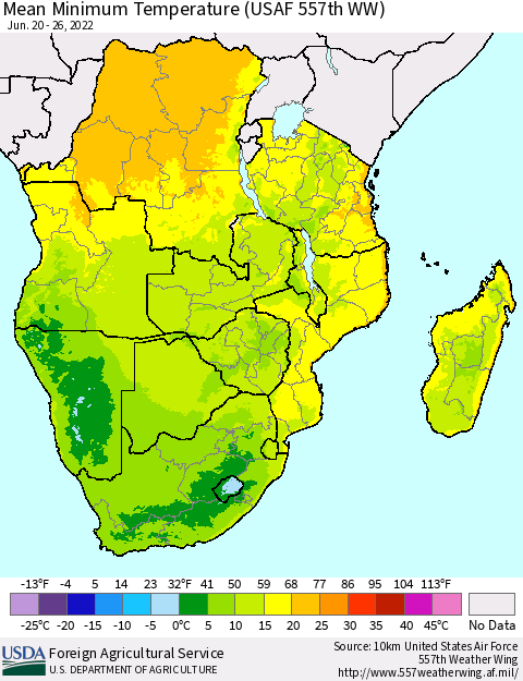 Southern Africa Mean Minimum Temperature (USAF 557th WW) Thematic Map For 6/20/2022 - 6/26/2022