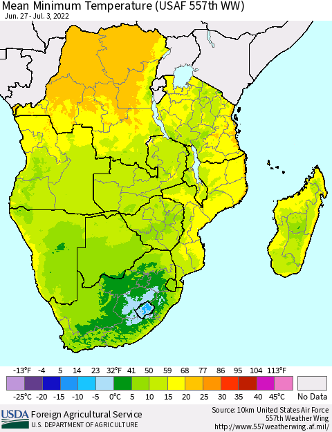 Southern Africa Mean Minimum Temperature (USAF 557th WW) Thematic Map For 6/27/2022 - 7/3/2022