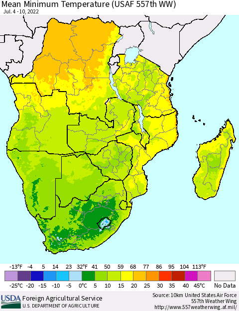 Southern Africa Mean Minimum Temperature (USAF 557th WW) Thematic Map For 7/4/2022 - 7/10/2022