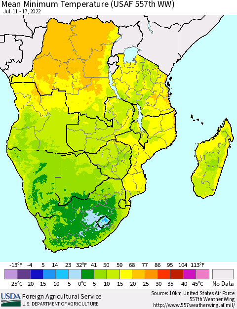 Southern Africa Mean Minimum Temperature (USAF 557th WW) Thematic Map For 7/11/2022 - 7/17/2022